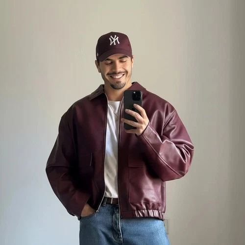 Unisex Maroon Leather Bomber Jacket Oversized Relaxed Fit 90s Retro Streetwear - product listing photo
