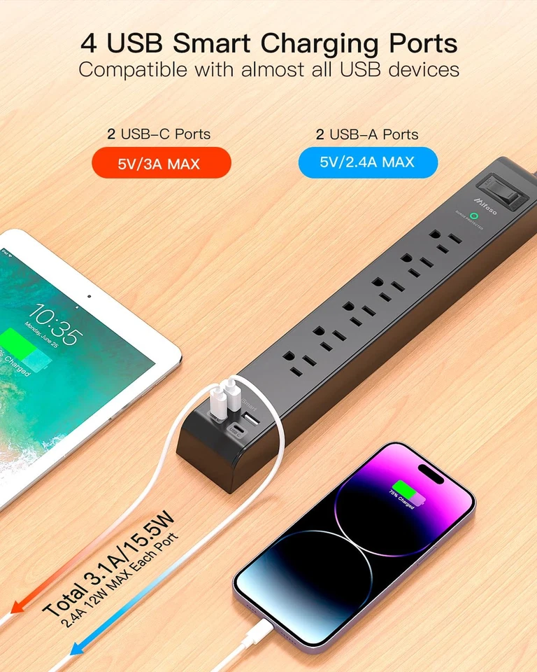 2-Pack Surge Power Strip 6 Outlets 4 USB 12ft Braided Cord Slim Flat Plug - Image 4 of 4