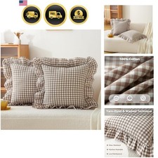 Gingham Throw Pillow Covers 18x18, Warm Taupe/White, Ruffle Trim