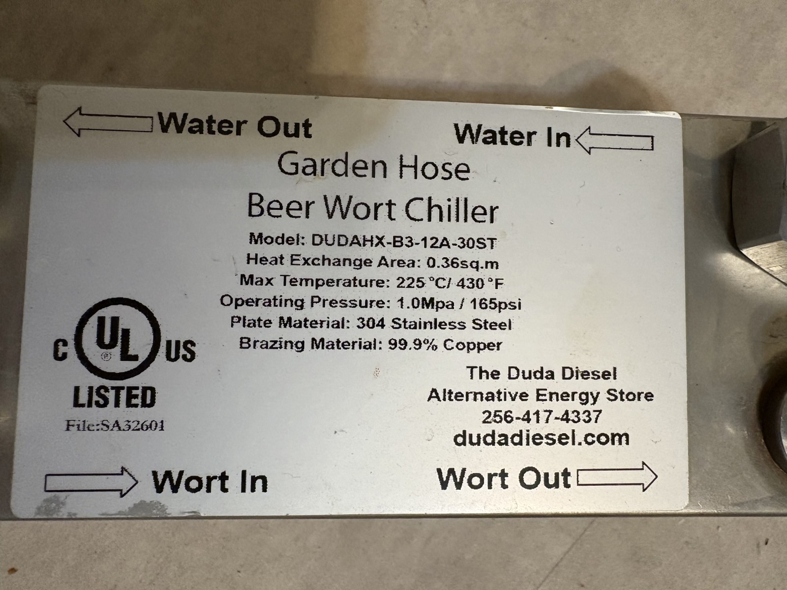 Duda Diesel 12-Plate Wort Chiller, 304 Stainless Steel, 1" NPT Homebrew