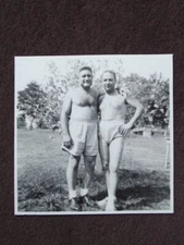 TWO SHIRLTESS MEN IN SWIM TRUNKS WITH ARMS AROUND EACH OTHER Vtg 1950's PHOTO