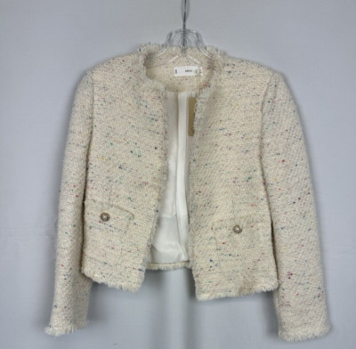 MNG By Mango Cropped Tweed Jacket Cotton Blend Speckled Beige Size XS