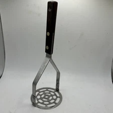 Vintage Household Stainless Steel 9" Potato Masher With Brown Wooden Handle USA