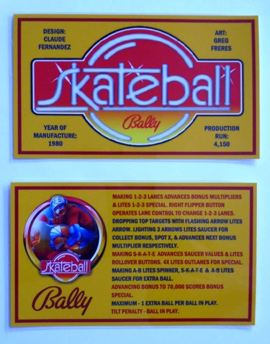 * * 'SKATEBALL' Bally 1980 Custom Instruction/Apron Cards * * (New)