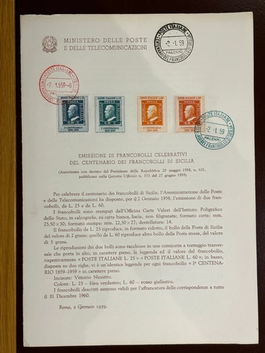 1959 ITALY Cent. Kingdom of Sicily Stamp - FDC on ILLUSTRATIVE BULLETIN