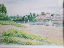 Stephane Van't veer Aquarelle Dordogne Flaujagues vue de la plage 1998 Encadrée 
