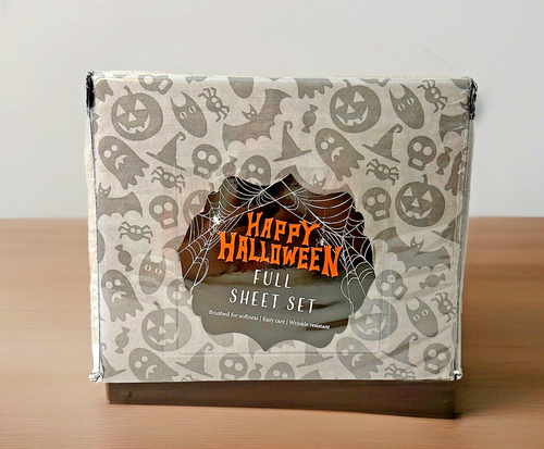 Full Size Grey Halloween Print Sheet Set Ghost Bat Pumpkin Skull Spider Gray