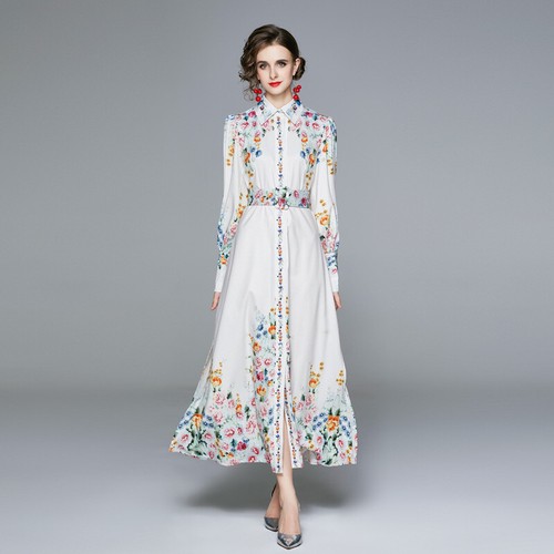 Spring Summer Women Retro Printed Shirt Collar Fashion Bubble Sleeves Long Dress - Picture 2 of 23