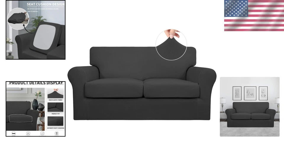 3 件套沙发套套装 - 弹性沙发保护膜,深灰色 — 第 2/4 张图片