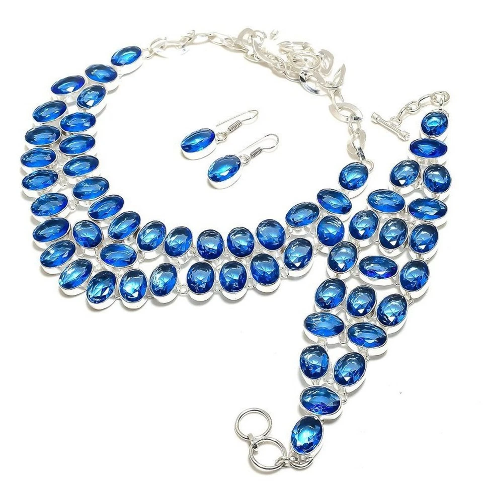 Faceted Tanzanite Quartz Oval Shape Gemstone Handmade Gift Jewelry Necklace Set - Image 3 of 4
