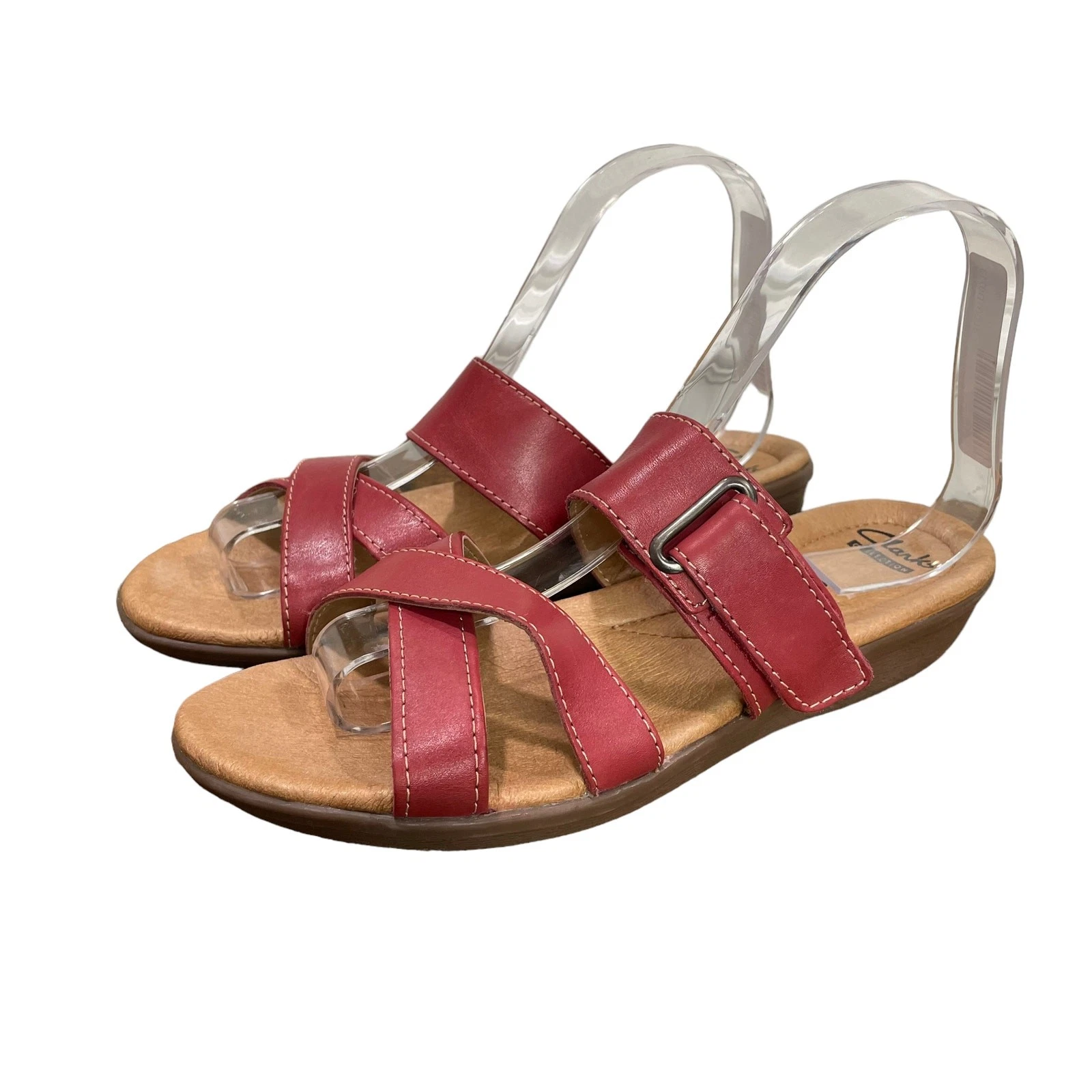 Sandali Clarks taglia 8 morbidi ammortizzati pelle rosso ciliegia slip on regolabili comodi