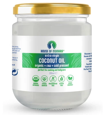MONARA Organic extra virgin coconut oil 100% pure raw and cold pressed 200 ml pack
