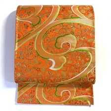 5k2336 Silk Fukuro Obi Gold Orange Green White Floral Sash 412cm
