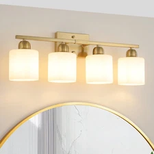 25" 4 Lights Milk Glass Shade Vanity Light Bathroom Mirror Gold Modern Wall Lamp