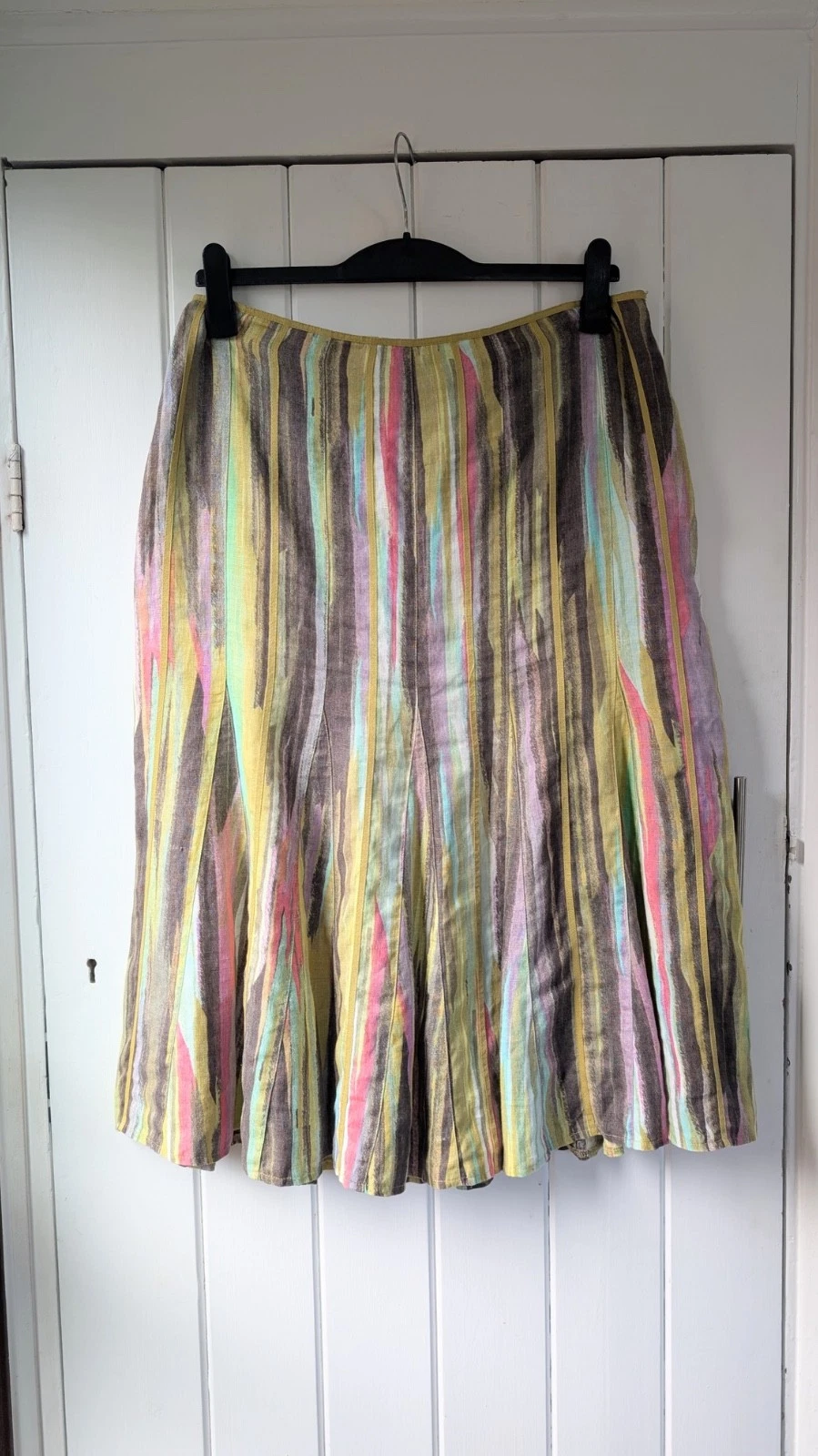 Per Una 100% Linen Skirt Colourful Boho Arty Abstract Stripe Summer | Size 14