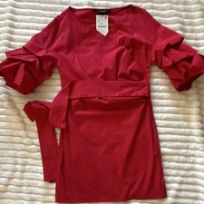 Zara Woman Red Solid Wrap Mini Dress V-Neck Ruffle 3/4 Sleeve Belted S