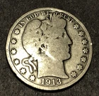 1913 P Barber Half Dollar Scarce Low Mintage 188,000 G-VG