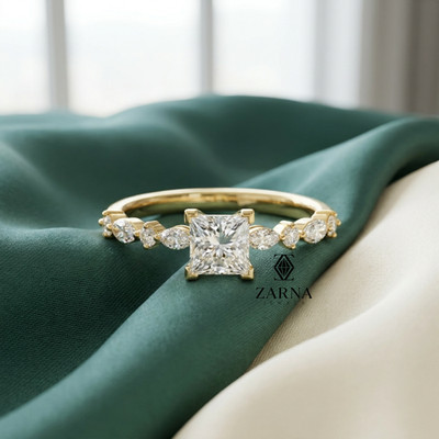 0.75 Ct. Princess Cut Lab Grown Diamond Engagement Ring with Marquise Side Stone