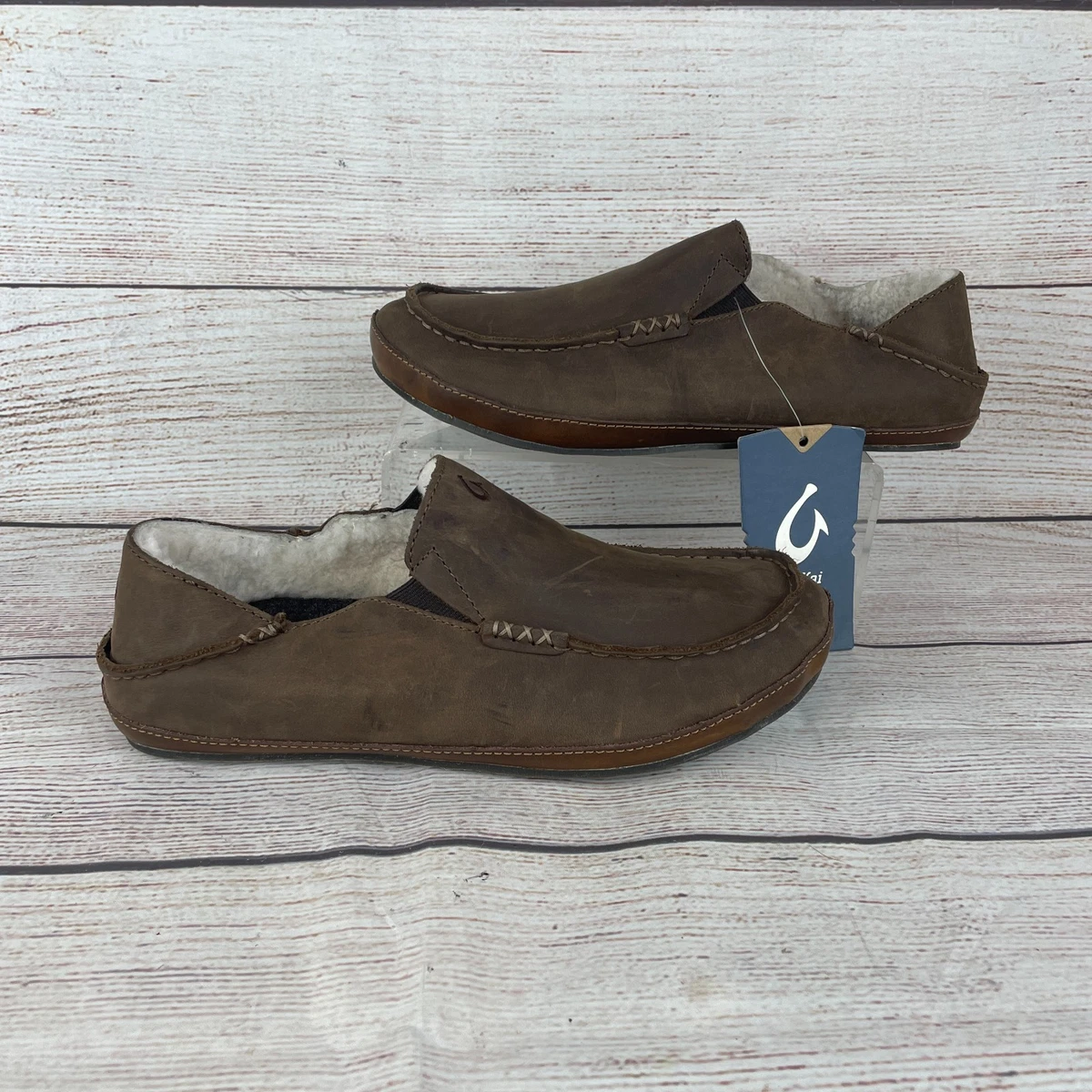 OluKai Moloā Mens Sz 8 Slippers Dark Wood Brown Leather Nubuck Shearling Lining OluKai Moloā Slipper - Toffee/Dark Wood | Slippers | Huckberry main image 3