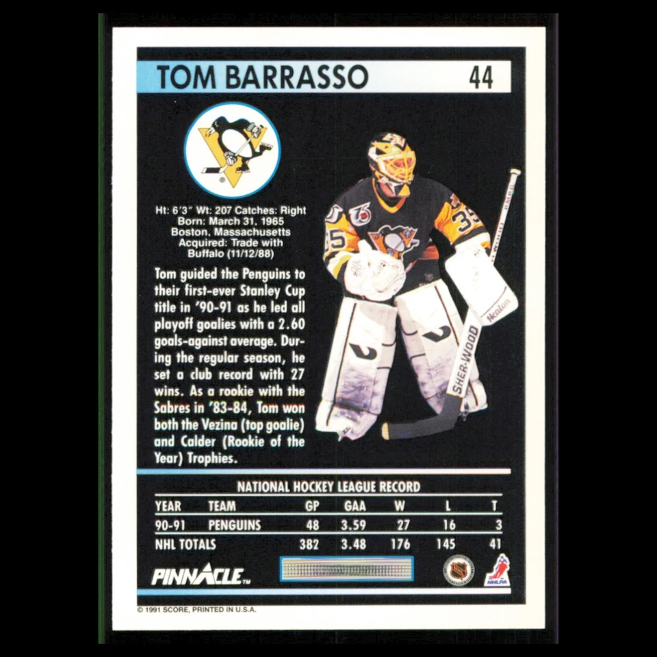 Tom Barrasso #44 1991 Pinnacle Pittsburgh Penguins Hockey Card NHL NM - Image 2 of 3