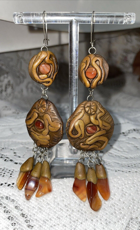 NEW HANDMADE BROWN POLYMER CLAY CARNELIAN STONES HOOK EARWIRES DANGLE EARRINGS