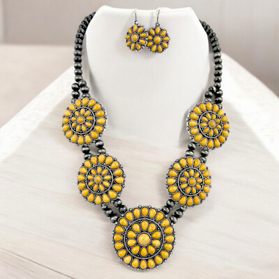 Southwestern Yellow Flower Squash Blossom Necklace and Earrings Set   Bold Weste