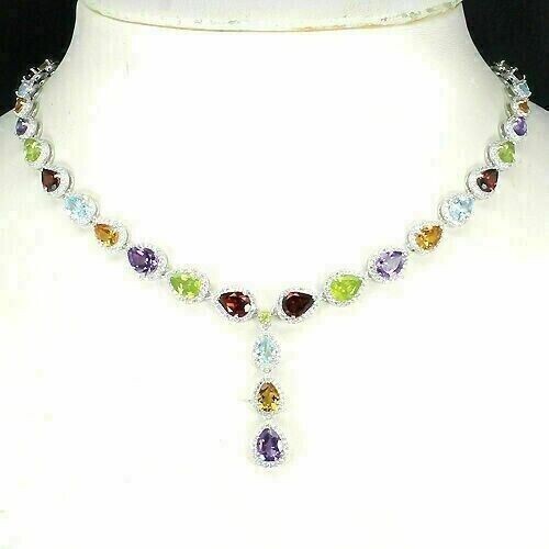 Silver Rainbow Genuine Mined Gem Necklace Solid Sterling 18.5-20.5 Inch