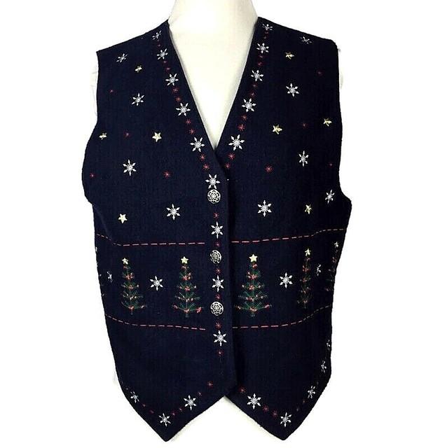Christmas Vest Karen Scott pettites Navy Blue Womens Size PL | eBay