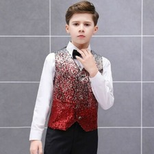 Boys Kid Sequin Vest Tank Tops Waistcoat Gradient Gilet Costume Fancy Dress Pink