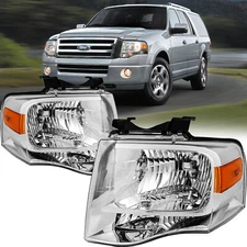 For 2007-2014 Ford Expedition Chrome Housing Amber Corner Headlight Headlamp Set