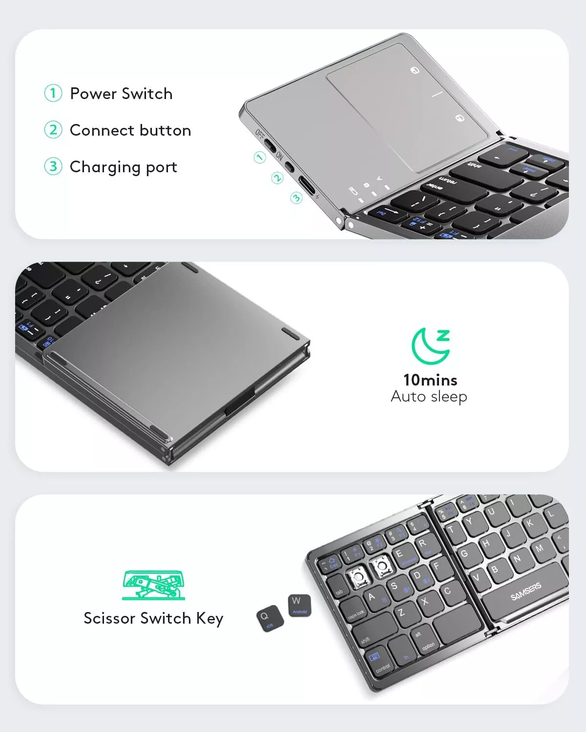 Samsers Multi-Device Foldable Bluetooth Keyboard with Touchpad Rechargeable D... - Picture 6 of 9