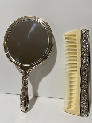 Vintage Silver Plated Dresser Set Ornate Comb & Mirror Vanity 2 Piece