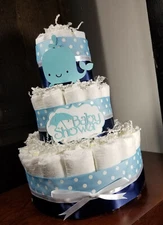 3 Tier Diaper Cake - Navy Blue Pink, Yellow, White - Whale Theme Baby Shower