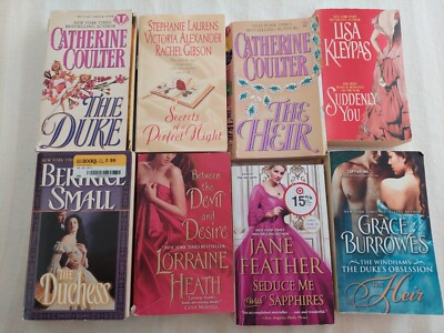 8 Historical Romances, various authors listed below, paperback, good condition 