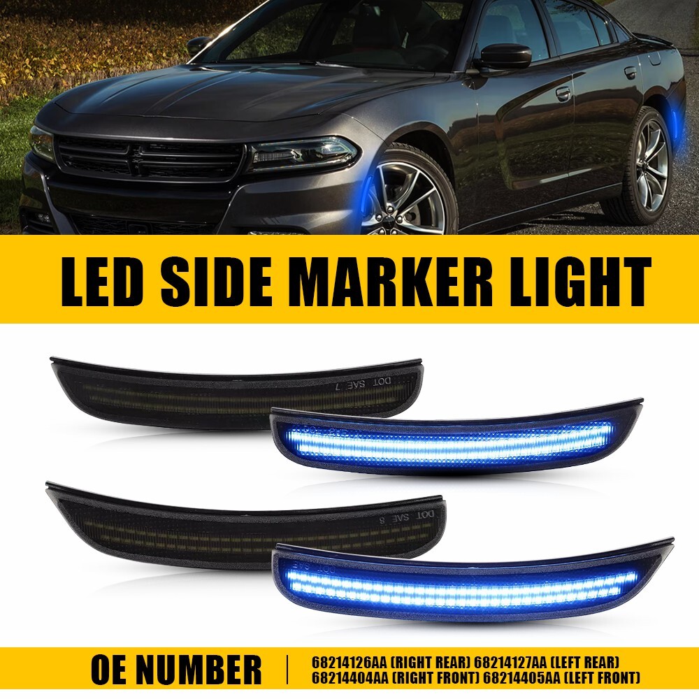 2015-22 Dodge Charger Smoked LED Side Marker Lights Front White Rear Blue