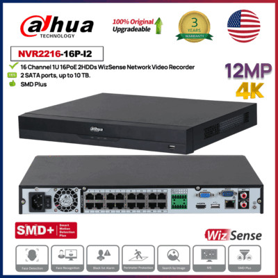 Dahua 4K 8MP 12MP 16CH 16PoE WizSense NVR2216-16P-I2 Network Video Recorder