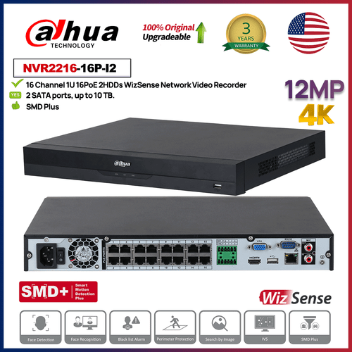 DH alhua NVR2216-16P-I2 NVR WizSense AI 16CH 16PoE 2SATA 4K 12MP Video Recorder