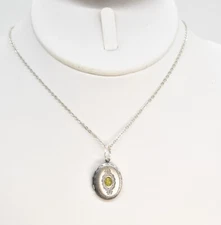 18" Silver-T Faux Opal Embossed Oval Picture Locket Chain Choker Necklace Photo