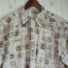 Pierre Cardin Shirt Mens Large Beige Geometric Short Sleeve Cotton Button-Up
