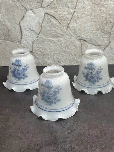 Vintage Set of 3 Milk Glass Lamp Shades Bell Ruffled edge Blue Floral Design