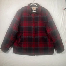 Vintage Woolrich Rugged Outdoorwear Red Black Plaid Wool Blend Fleece Lined Coat