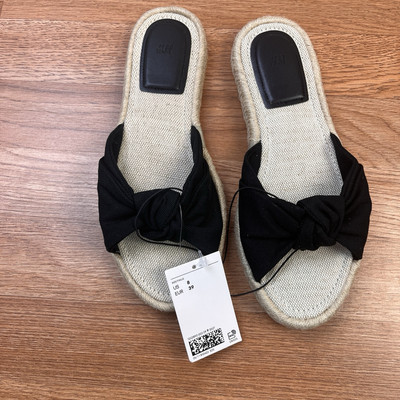 H&M Knot Detail Espadrille Sandals Black Jute Slides Women's Size 8 NEW