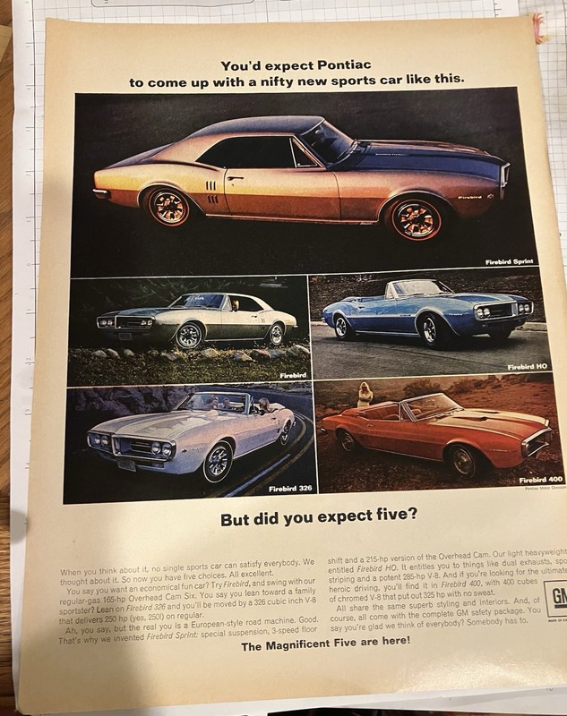 1967 Pontiac Firebird Vintage Large Color Ad "You'd Expect Pontiac..."