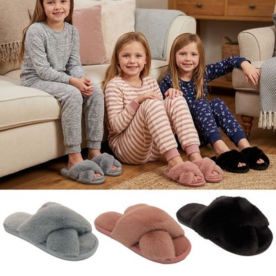 Mädchen Fell Flauschig Cross Over Sliders Hausschuhe Slipper Fell Pantoletten Sandalen Gr