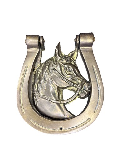 Vintage Brass Horse Head Horseshoe Door Knocker Equestrian Farmhouse Decor