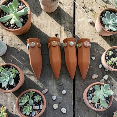 Set of 4 handmade Terracotta Watering Spike with Mediterranean tile