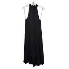 Raquel Allegra Boho Frayed Halter Tent Dress Black Textured Sleeveless S