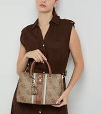 GUESS Women's Erenia Girlfriend Satchel Bag Monogram Brown Multi Gold