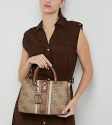 GUESS Women's Erenia Girlfriend Satchel Bag Monogram Brown Multi Gold