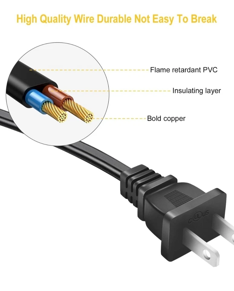 Universal 2-Prong AC Power Cord to 2-Slot Mini Fridge Replacement Cable 6 Feet - Image 2 of 4
